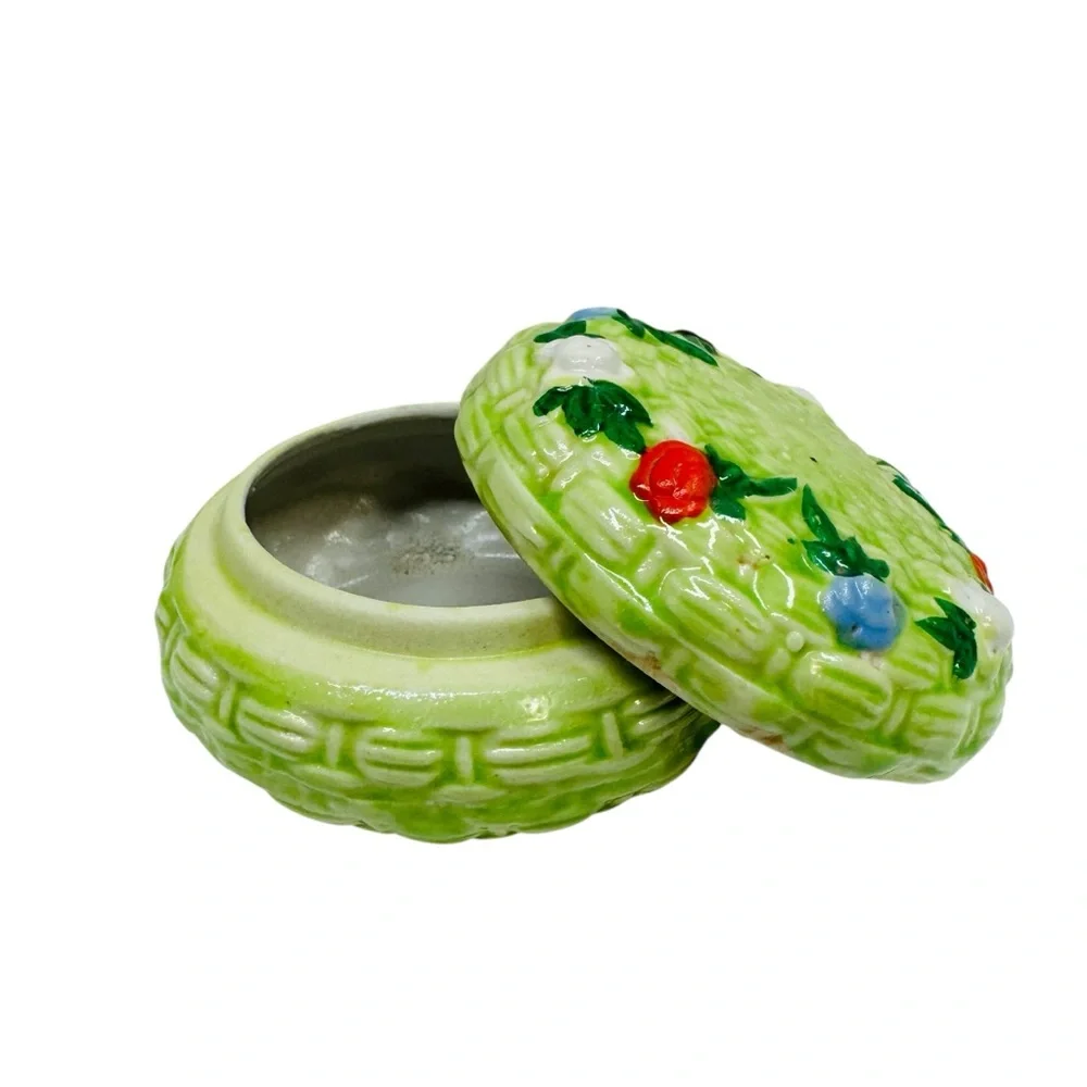 Vintage Basket Weave Jewelry Trinket Box Glazed Ceramic Jar Flowers Green
